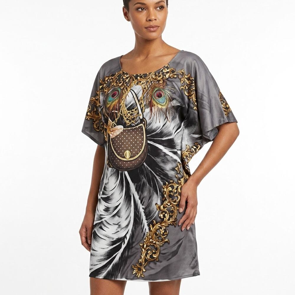 Pretty Angel Silk Blend Gray Graphic Print Dress Women See Measurements